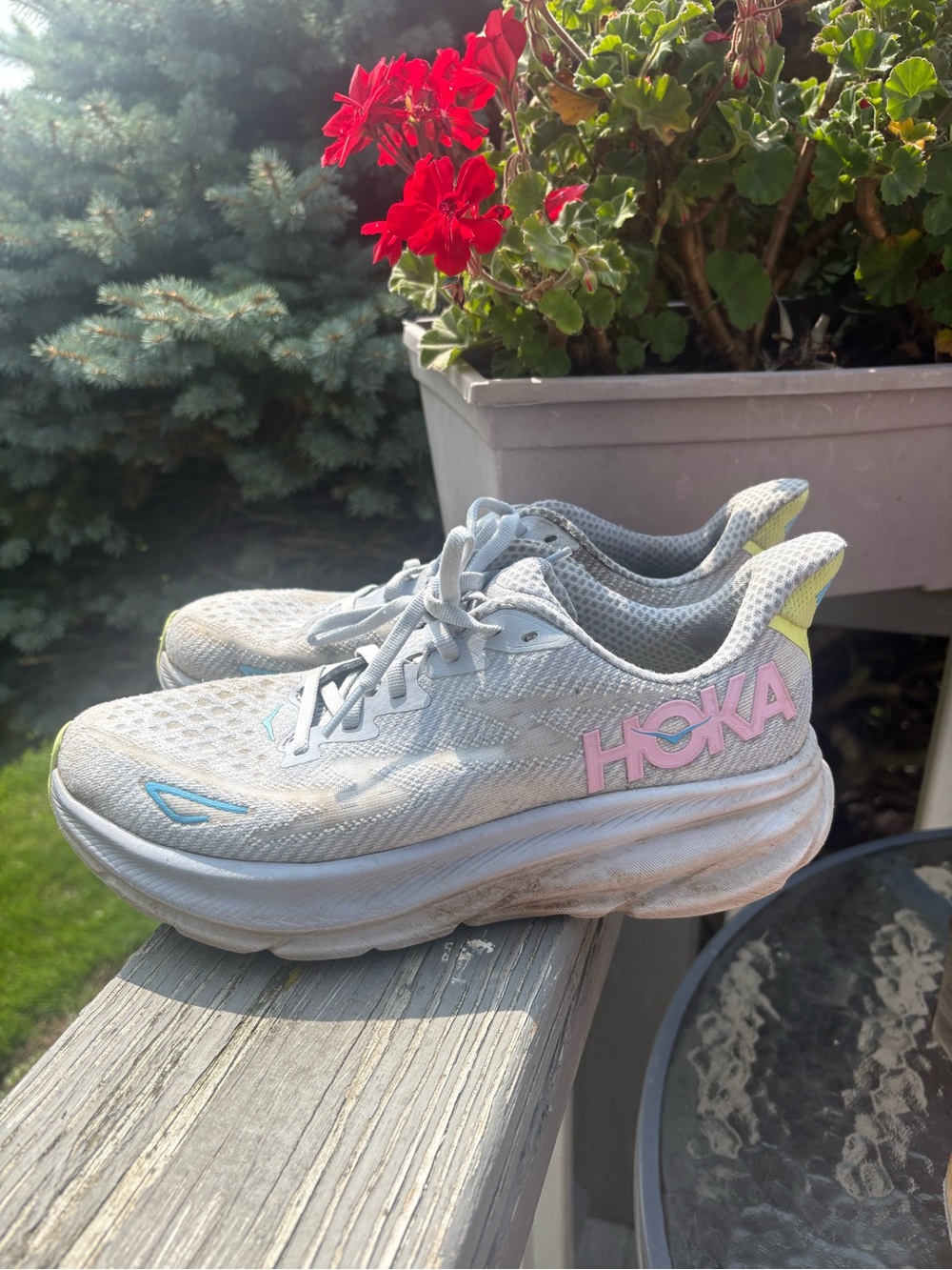 Hoka Women's Running Shoe in White with Pink, Blue & Lime Accents - Picture 2 of 6
